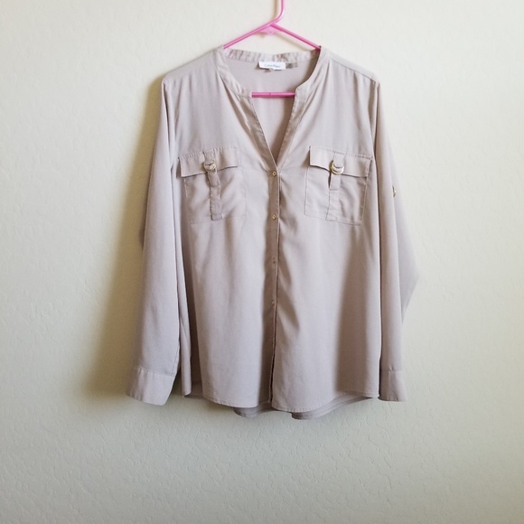 Calvin Klein Tan Career Wear Blouse Tab Sleeve L - Picture 1 of 7